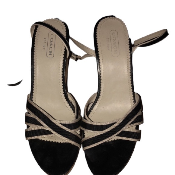 Coach size 10 black & white leather linen & grosgrain ankle wrap platform - Picture 1 of 9